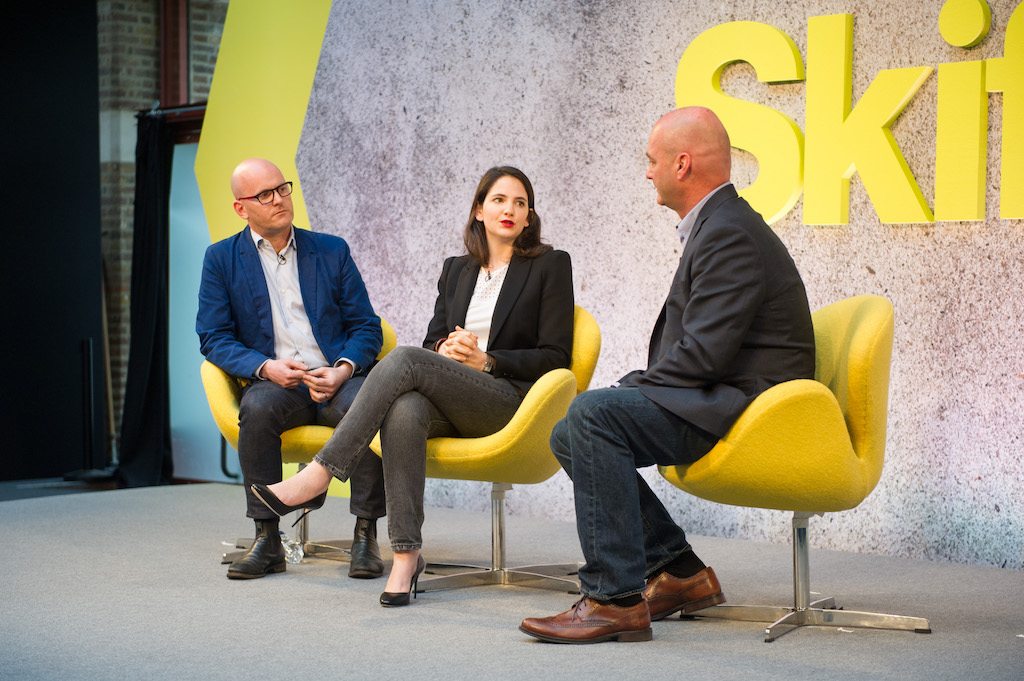 COO of Noma Ben Liebmann (L), Co-Founder & COO of VizEat Camille Rumani (center), and Skift's Greg Oates (R) speaking at Skift Forum Europe in London on April 4, 2017. 