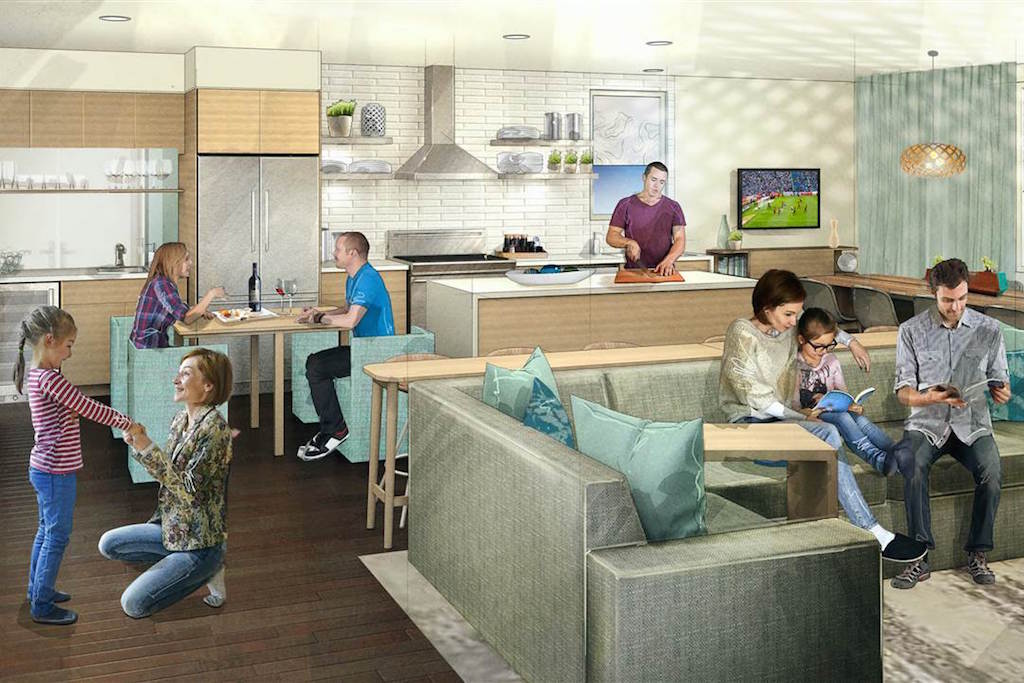 A rendering of one of the communal rooms being piloted at Marriott's Element extended stay hotel brand. Marriott and other extended stay hotel operators are trying to add more communal, co-living-like features to their properties.