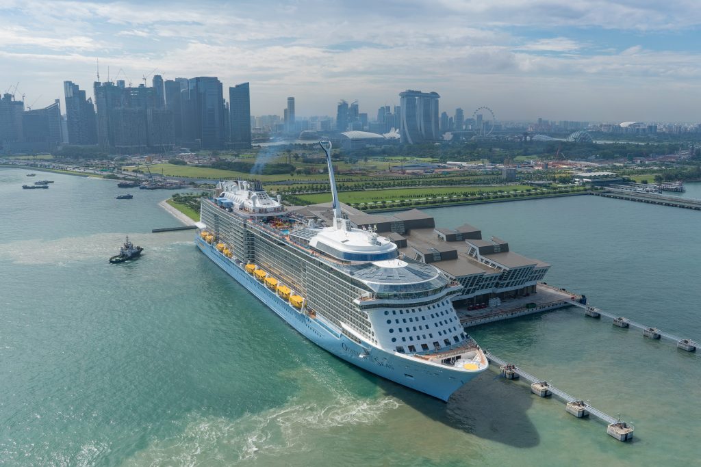 Royal Caribbean Cruises said business in Asia has been struggling due to tensions between China and Korea. In this photo, Ovation of the Seas — one of the Royal Caribbean International ships that sails from China —  is shown in Singapore. 