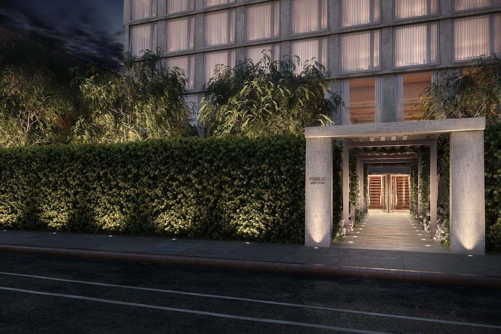 A rendering of the entrance to Ian Schrager's soon-to-open Public New York hotel, which will have rooms starting at $150 per night. 