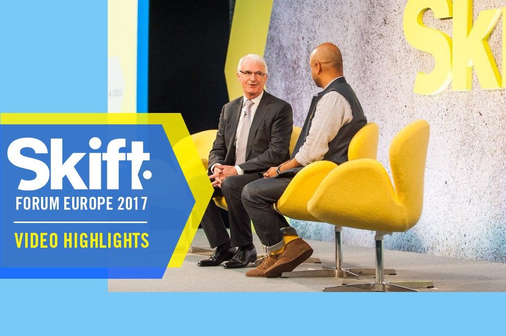 Skift Forum Europe featured speakers who are shaping the future of European travel. Pictured are Gerald Lawless (left), chairman of the World Travel & Tourism Council and Rafat Ali, Skift founder and CEO, during the forum.