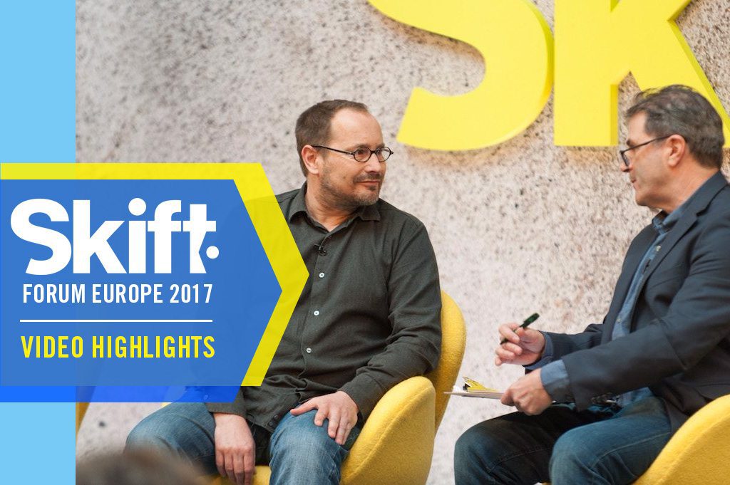 Skyscanner CEO Gareth Williams (left) is the rare Western executive to have played his cards right in China. Here he is, post-acquisition, talking at Skift Forum Europe in London on April 4, 2017.