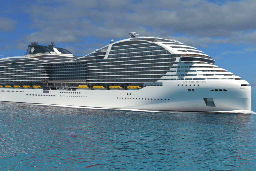 Ships belonging to the World Class from MSC Cruises will be able to hold more passengers than any other cruise ship. A rendering is shown in this image.