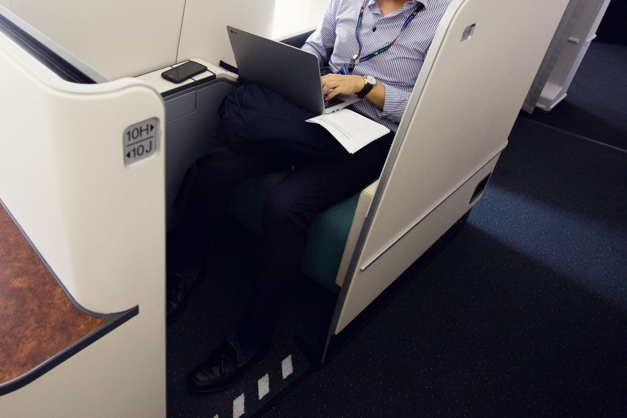 A laptop ban is slated to hit Europe-to-U.S. flights soon. A laptop being used in first class on a flight is pictured here.