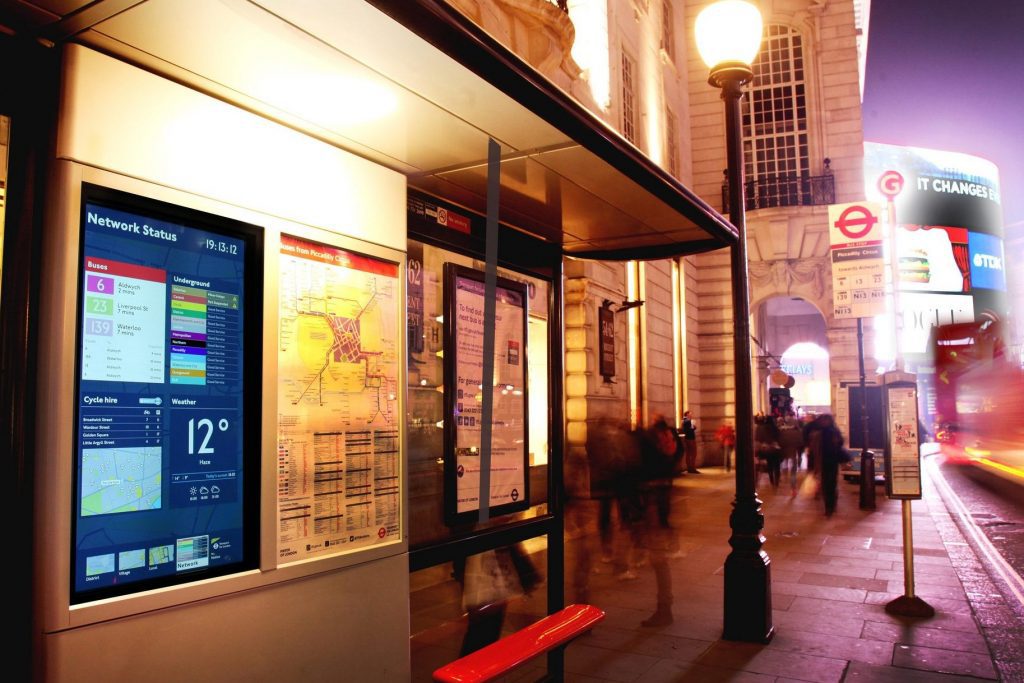 Regent Street interactive bus stop at night, Transport For London