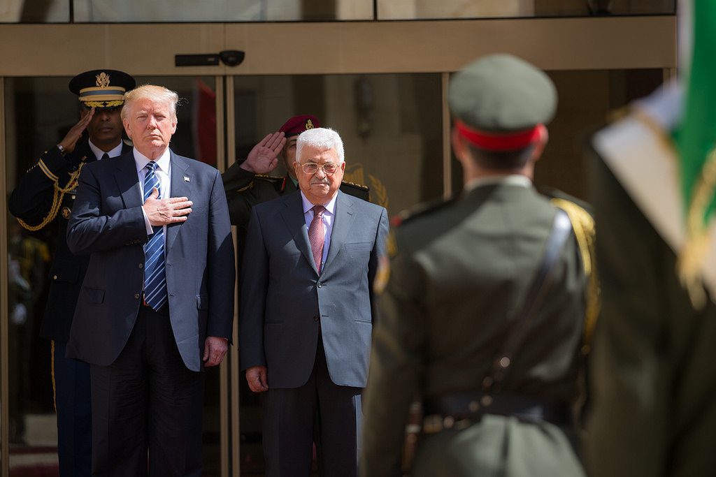 The travel ban executive order has experienced another loss in the U.S. court system. President Donald Trump participates in arrival ceremonies with President Mahmoud Abbas of the Palestinian Authority.