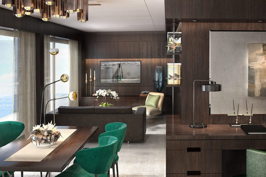 A rendering of a suite on Ritz-Carlton's new yacht product. The first ship is scheduled to start sailing in 2019.