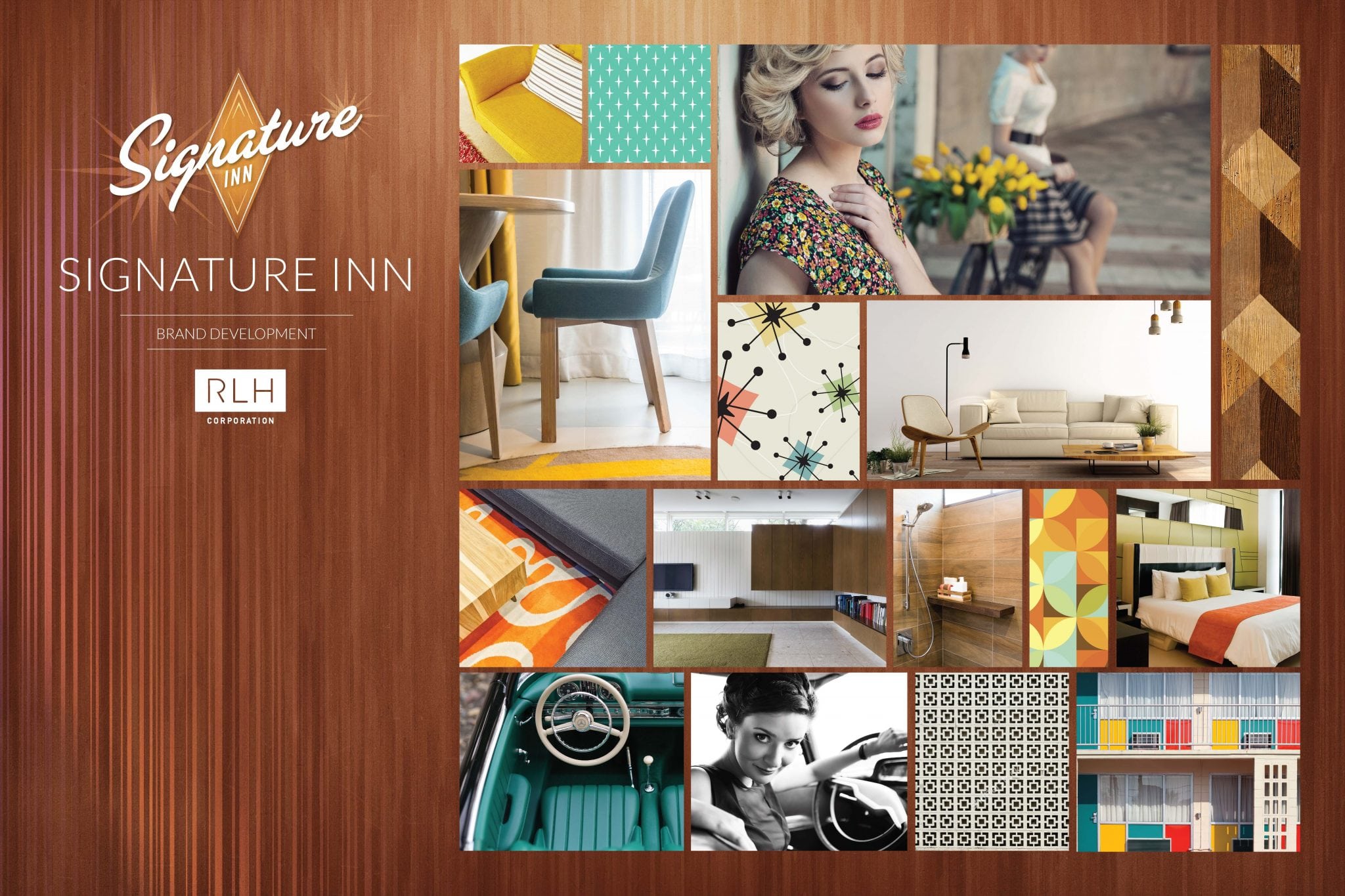 A mood board for RLHC's Signature Inn midscale brand was inspired by midcentury modern design. 