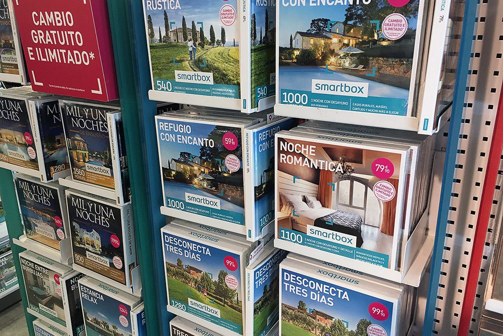 Hotel getaways on sale at Corte Ingles in Madrid, Spain. In April 2021, bookings improved but still significantly lag 2019.