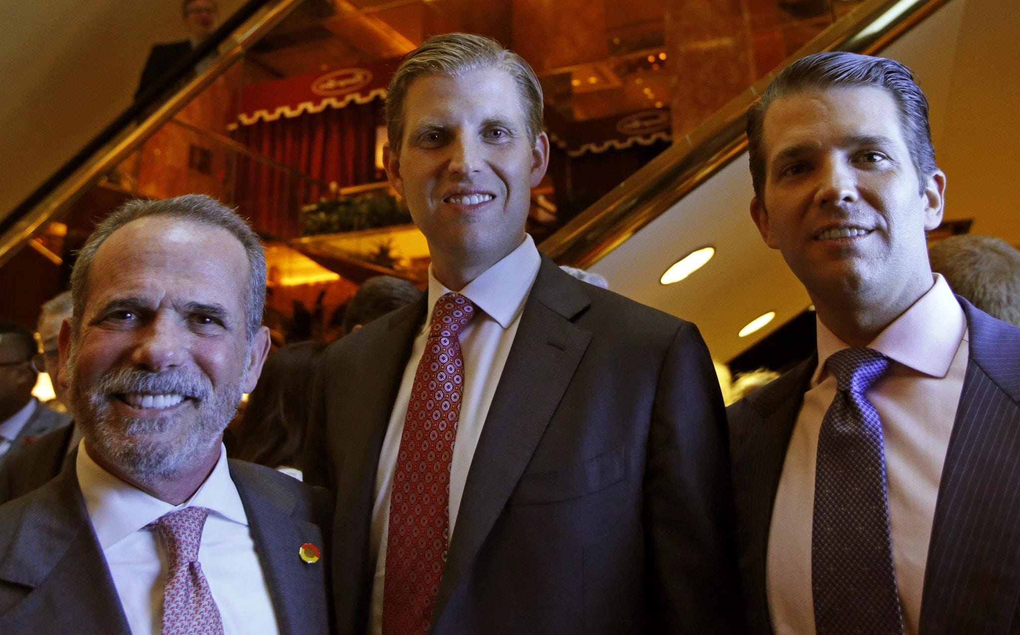 Eric Danziger, CEO of Trump Hotels, left, joined Eric Trump, center, and Donald Trump Jr., both of whom are executive Vice Presidents of The Trump Organization, in announcing the debut of the new American Idea hotel brand.
            