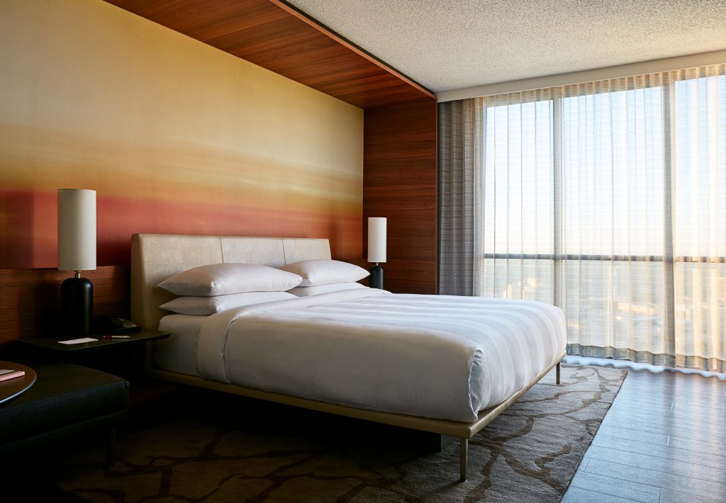 A Stay Well guest room at the Marriott Marquis in Atlanta. The room grew out of research into wellness trends by the firm Delos. 