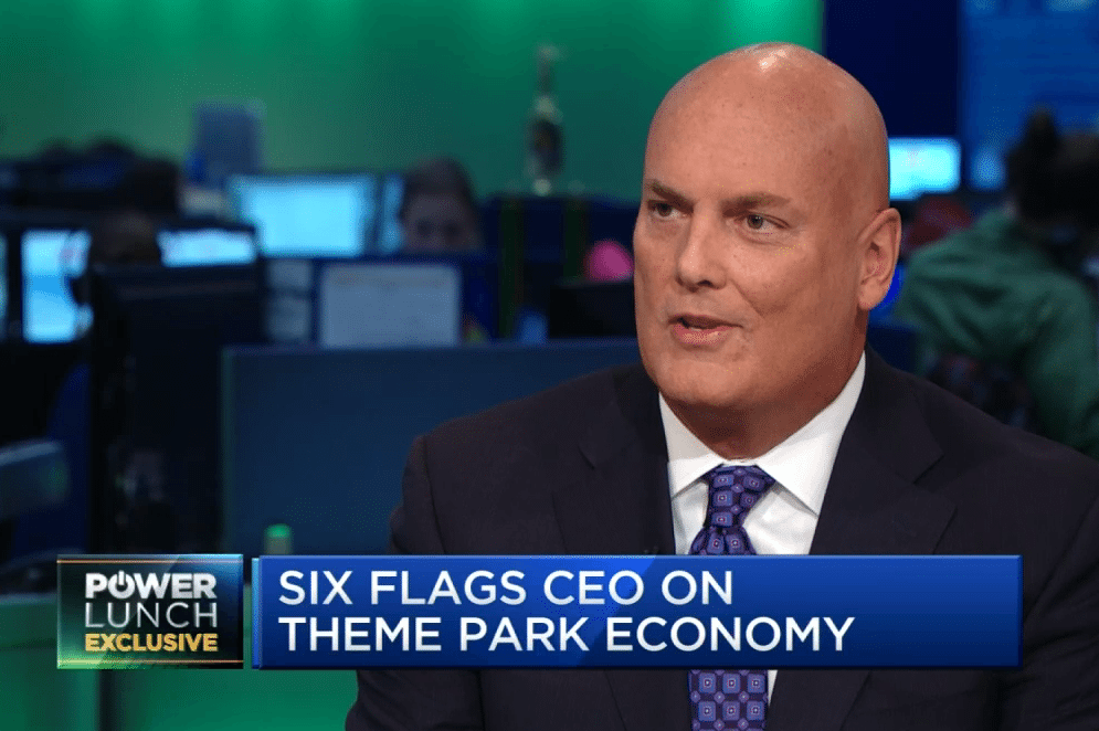 Six Flags replaced CEO John Duffey with former CEO Jim Reid-Anderson. Duffey is pictured here in an image from an interview with CNBC.