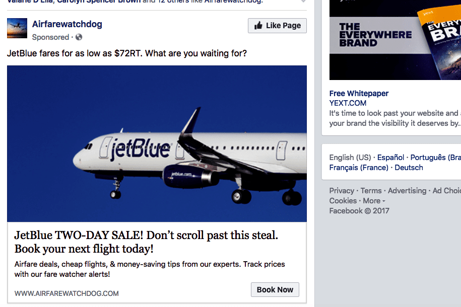 An Airfarewatchdog advertisement in a Facebook news feed touting a JetBlue fare sale.