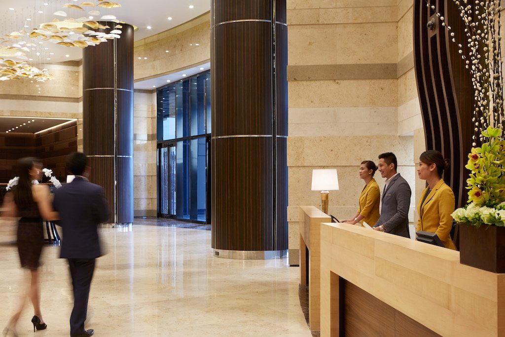 The Hyatt City of Dreams Manila lobby. Google is working with Hyatt and other hotels on a translation device for front desks.