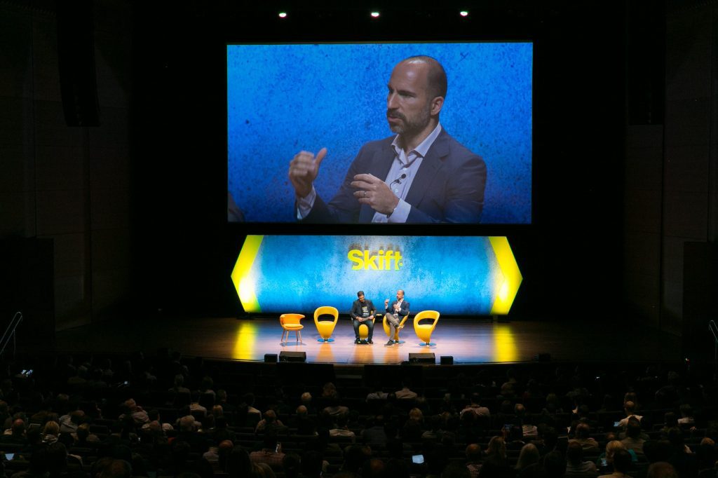 Khosrowshahi being interviewed onstage at Skift Global Forum 2016 by Skift Executive Editor Dennis Schaal. 