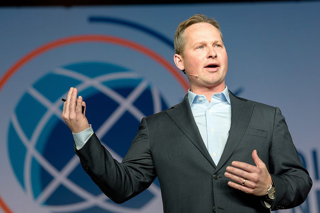 Expedia CEO Mark Okerstrom speaking at an event in early 2017. 