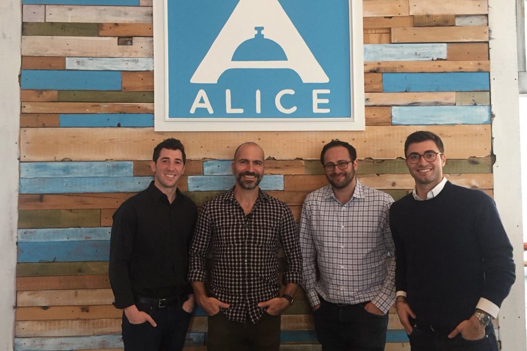 In April 2017, Expedia CEO Dara Khosrowshahi visited the Alice headquarters near Madison Square Garden in New York City. He is pictured here with the startup's founders. Shown from left to right are CEO Justin Effron; Khosrowshahi; chief technology officer Dmitry Koltunov; and president Alexander Shashou. 