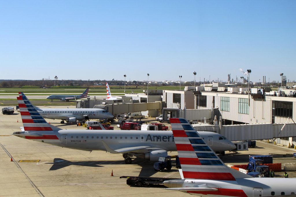 American Airlines planes queue up at Philadelphia International Airport earlier this year. 