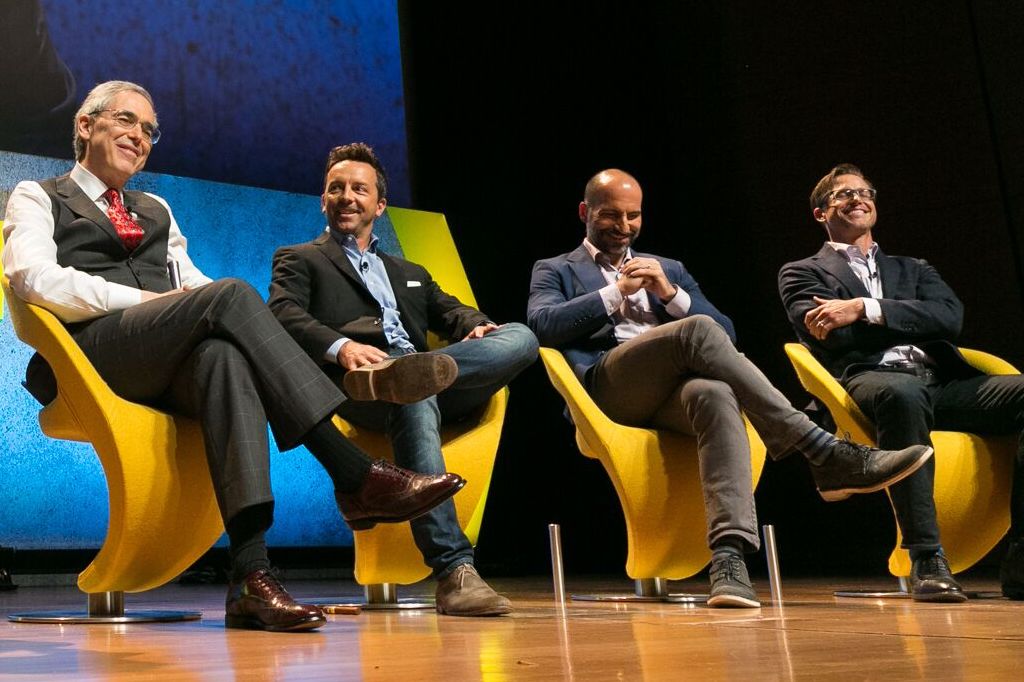 Khosrowshahi speaks onstage at Skift Global Forum 2016 alongside Rich Barton (R), founder of Expedia; Jay Walker (far L), founder of Priceline Group; and Rich Barton, (L) CEO of Altimeter Capital. 