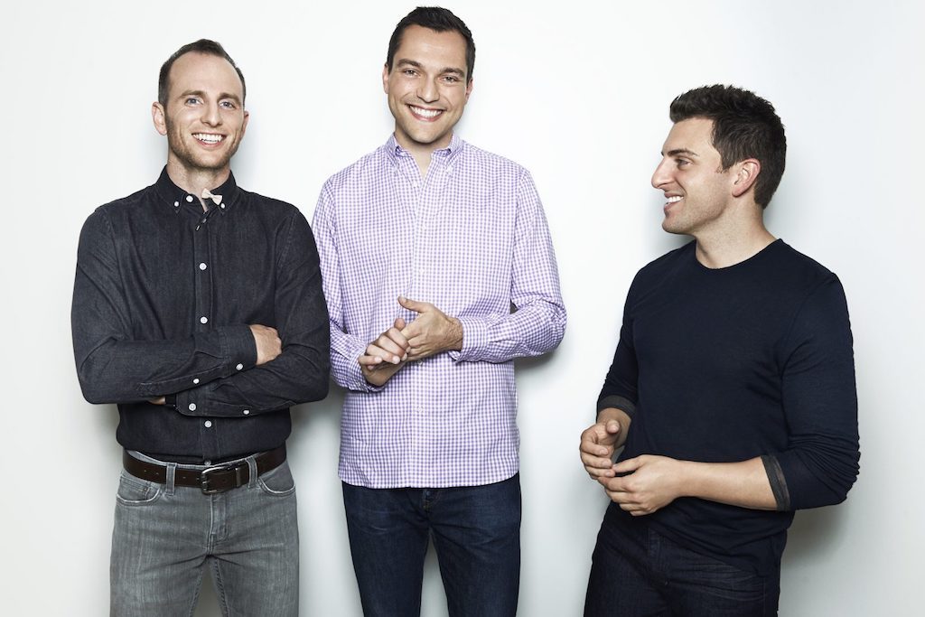 Airbnb co-founders (from left) Joe Gebbia, Nathan Blecharczyk, and Brian Chesky in 2017. The homesharing giant seeks new funding to cope with the coronavirus pandemic.