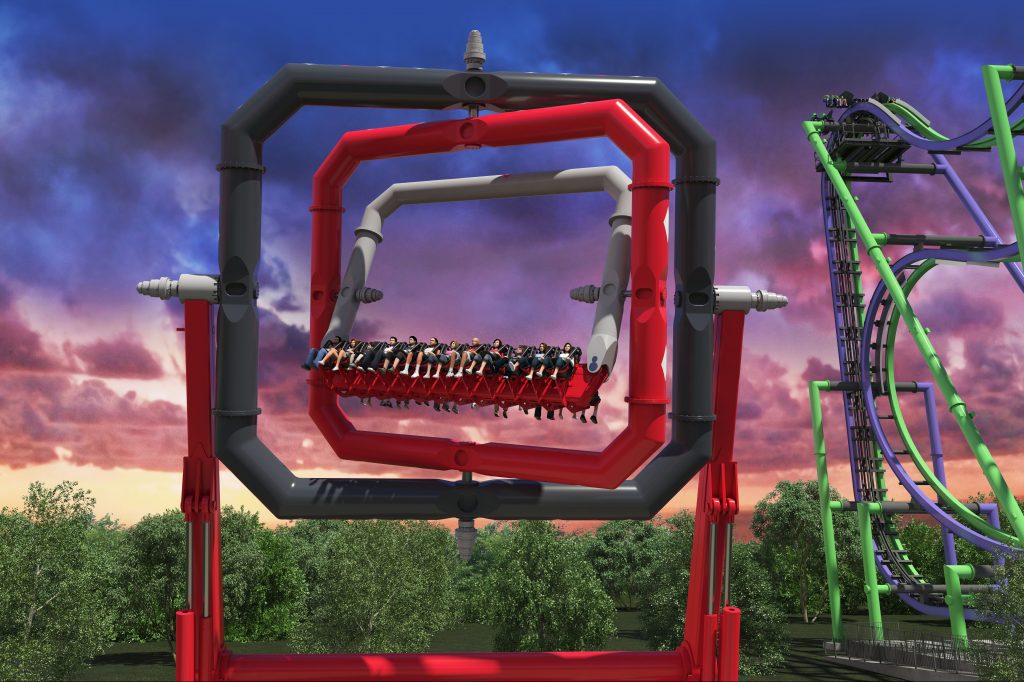 Six Flags Entertainment has announced a lineup of new rides for 2018 at its regional theme parks. A rendering of Harley Quinn Spinsanity, a new ride opening at Six Flags Over Texas, is shown here.