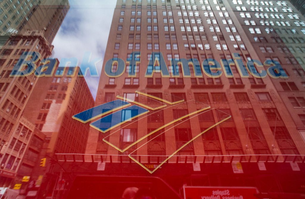 A Bank of America office seen in a reflection. The brand has introduced a new premium credit card. 
