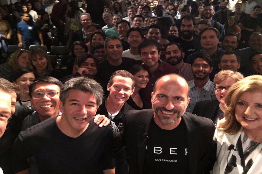 New Uber CEO Dara Khosrowshahi poses with the Uber leadership team. The move could have big implications for Uber's push into corporate travel.