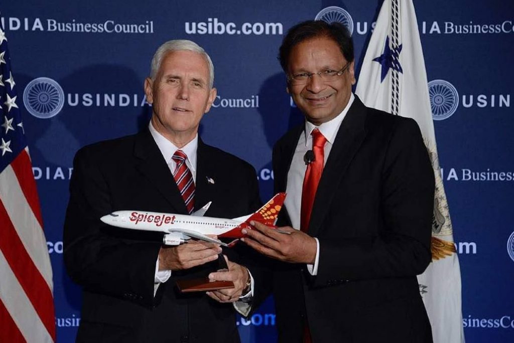 Founder Ajay Singh (right) presented a SpiceJet Boeing 737 model in June 2017 to U.S. Vice President Mike Pence to celebrate the airline's big deal with the American manufacturer. Earlier, President Trump had mentioned SpiceJet's large Boeing order to the press while meeting with Indian Prime Minister Narendra Modi.