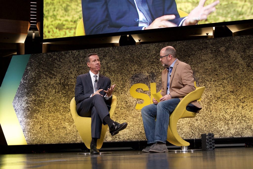 Marriott CEO Arne Sorenson (left) doesn't think it should be up to hotels to decide who should be allowed to stay or meet in hotels and who shouldn't. He's pictured at Skift Global Forum in New York City September 27, discussed topical issues with Skift co-founder Jason Clampet.