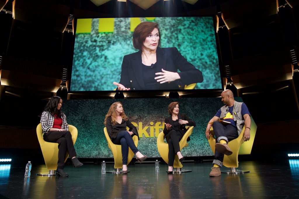 (From left) Julie Cary, CMO of La Quinta; Kathy Tan Mayor, CMO of Carnival Cruise Line; Lisa Ronson, CMO of Tourism Australia, and Skift CEO Rafat Ali. They appeared at the Skift Global Forum in New York City September 27, 2017.