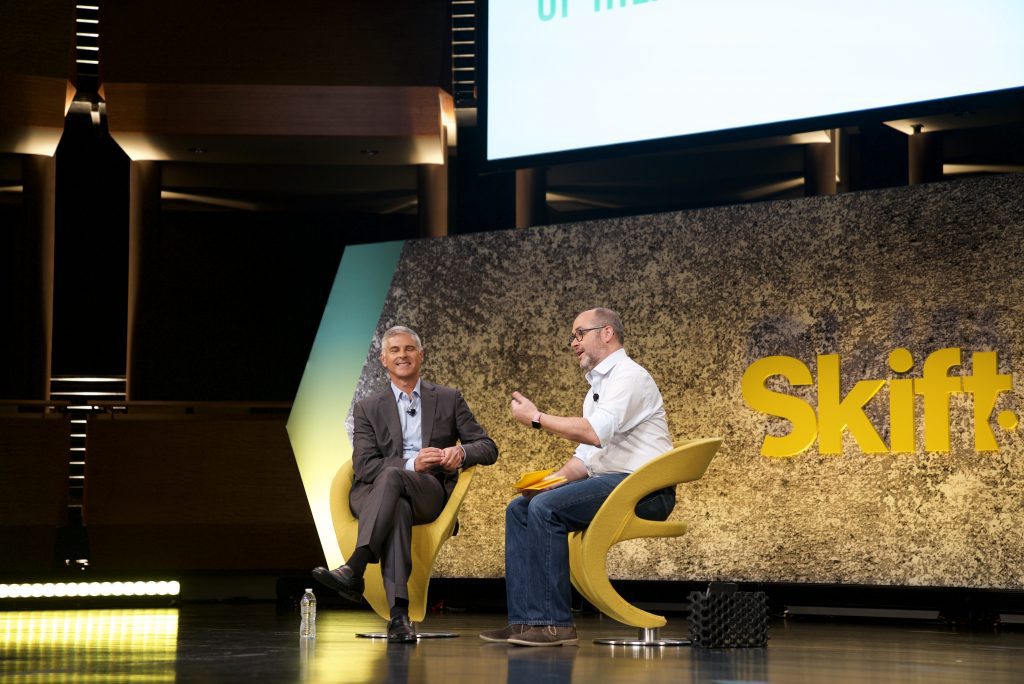 Hilton CEO Chris Nassetta (left) appeared at the Skift Global Forum in New York City September 26, 2017, with Skift co-founder Jason Clampet.