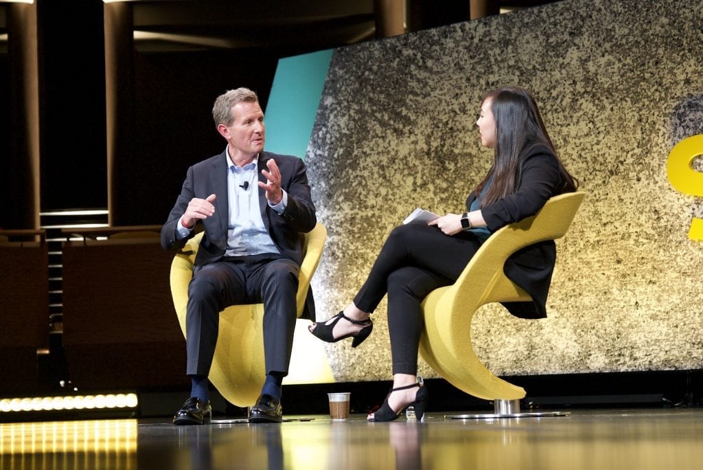 Wyndham Hotel Group CEO Geoff Ballotti, left, appeared at Skift Global Forum in New York City in September. Ballotti said he wouldn't rule out more acquisitions in the future for the company as its parent company pursues a planned spinoff. 