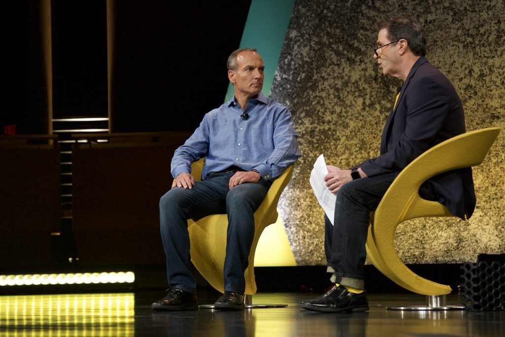 Priceline CEO Glenn Fogel (L) appeared at the Skift Global Forum in New York City September 26, 2017. The company is changing its name to Booking Holdings. 