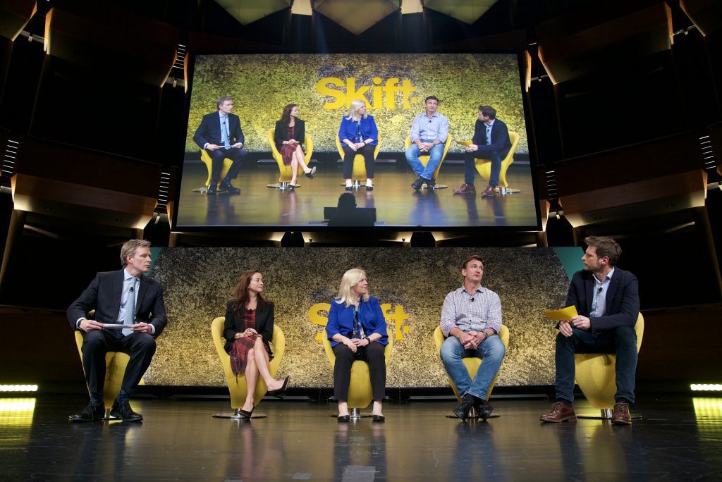 Investors and and an analyst spoke about the state of travel startups at Skift Global Forum last month. Pictured (from left) are Mark Mahaney, managing director of RBC Capital Markets; Natasha Kuhlkin, managing director and portfolio manager at Dennison Associates; Bonny Simi, president of JetBlue Technology Ventures; Erik Blachford, venture partner at TCV, and Skift research director Luke Bujarski.