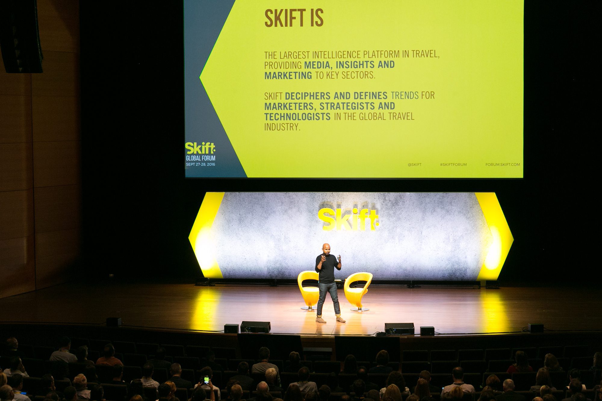 TripAdvisor co-founder and CEO Stephen Kaufer talks to Skift founder and CEO Rafat Ali and the audience at Skift Global Forum in New York, September 28, 2016.  