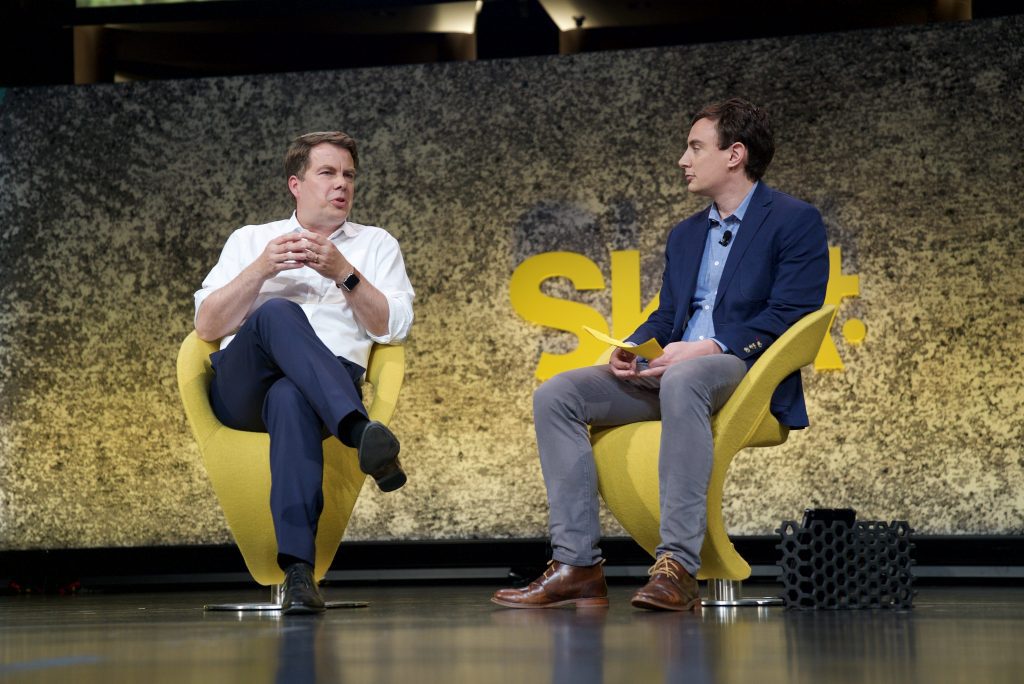 Lufthansa Chief Digital Officer Christian Langer, left, speaks at Skift Global Forum in 2017 in New York. He will discuss the Lufthansa Innovation Hub and other topics at Skift Forum Europe in Berlin on April 26. 