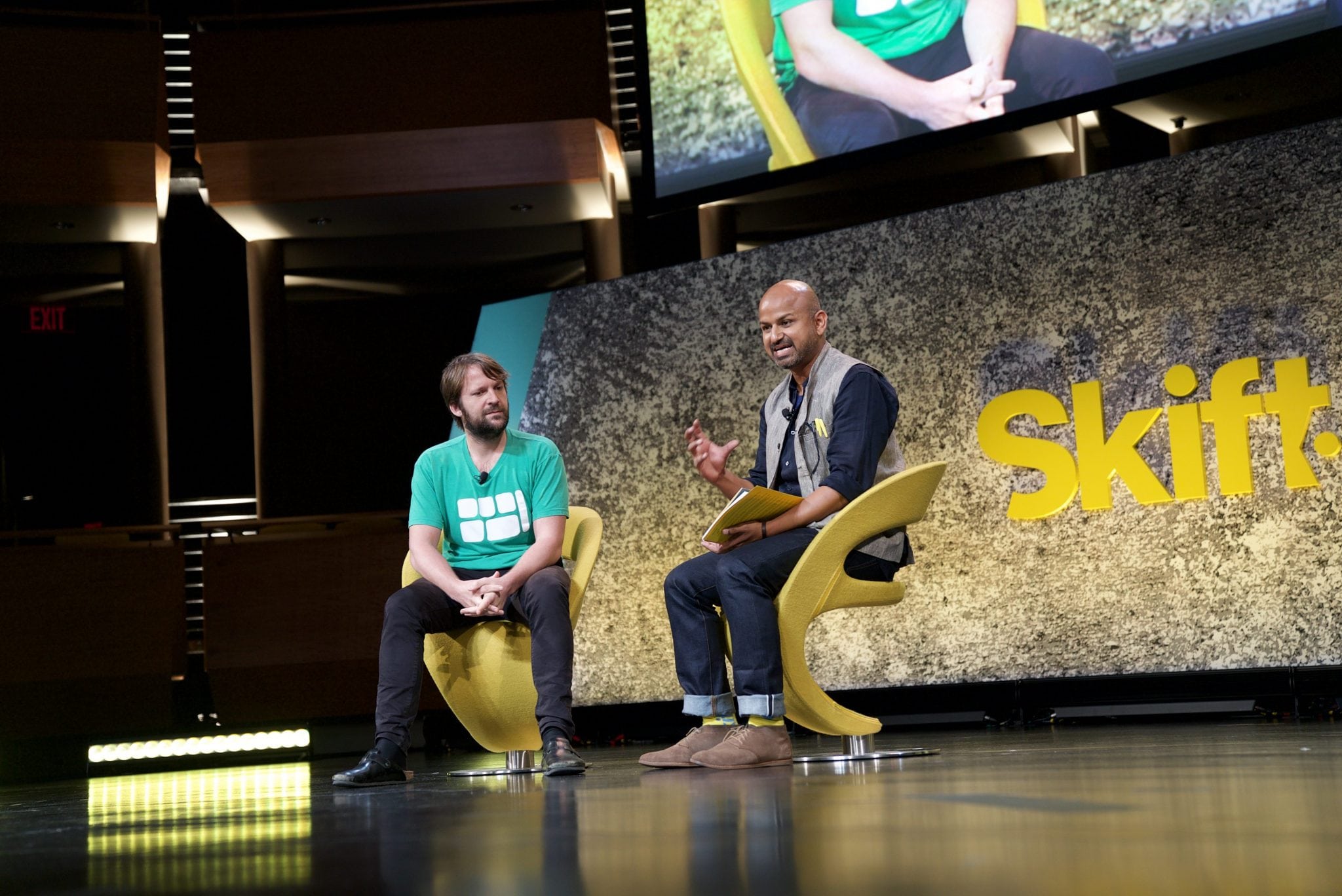 René Redzepi on stage with Skift Founder and CEO Rafat Ali discussing the future of dining out. 
