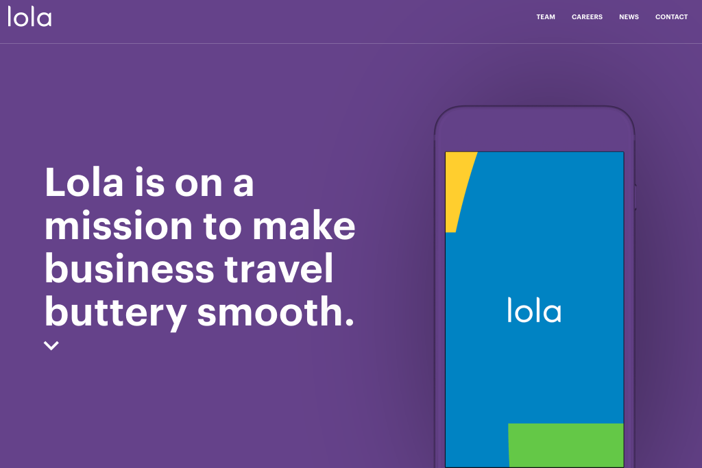 The Lola website. Lola has pivoted to business travel recently, with new functionality for groups on the way.