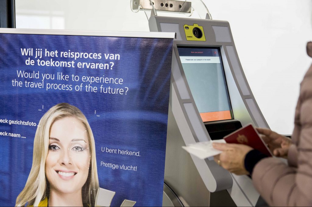 The use of biometric information for security is on the rise, but some warn that travelers should be cautious about how their data is used. Pictured here is facial recognition technology used by KLM as part of a test program at Schiphol Airport.