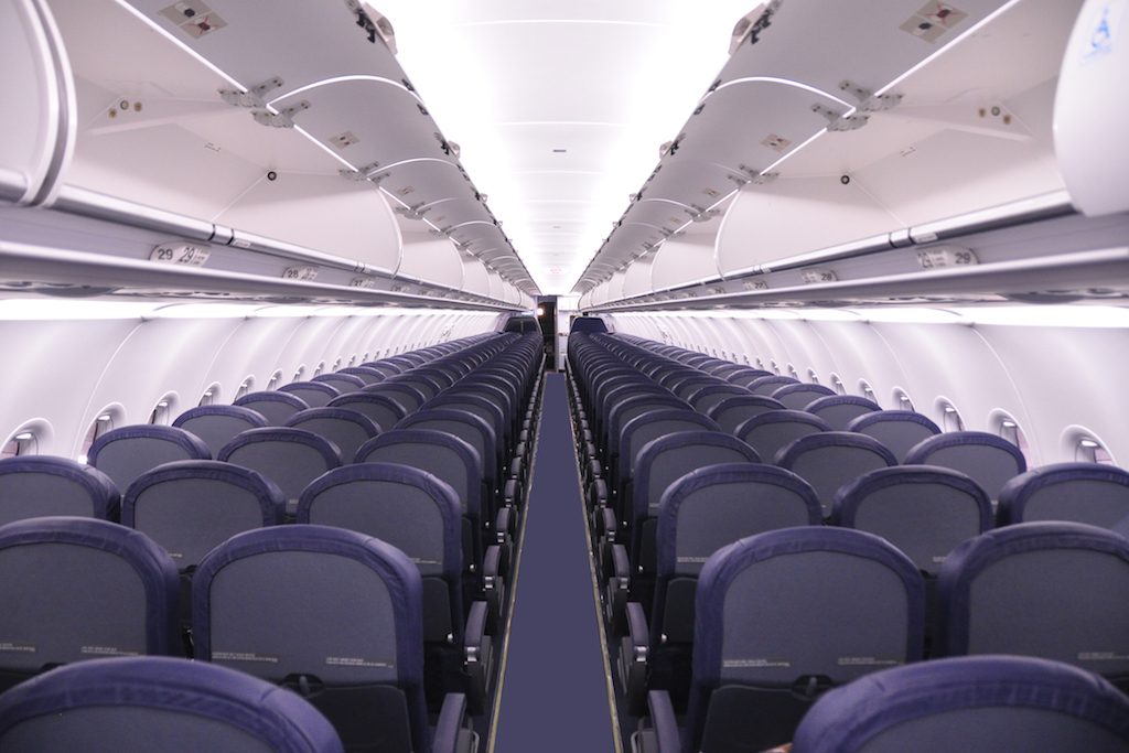 Spirit Airlines says it is introducing new more comfortable seats on its Airbus aircraft. Pictured is an existing Airbus interior. 