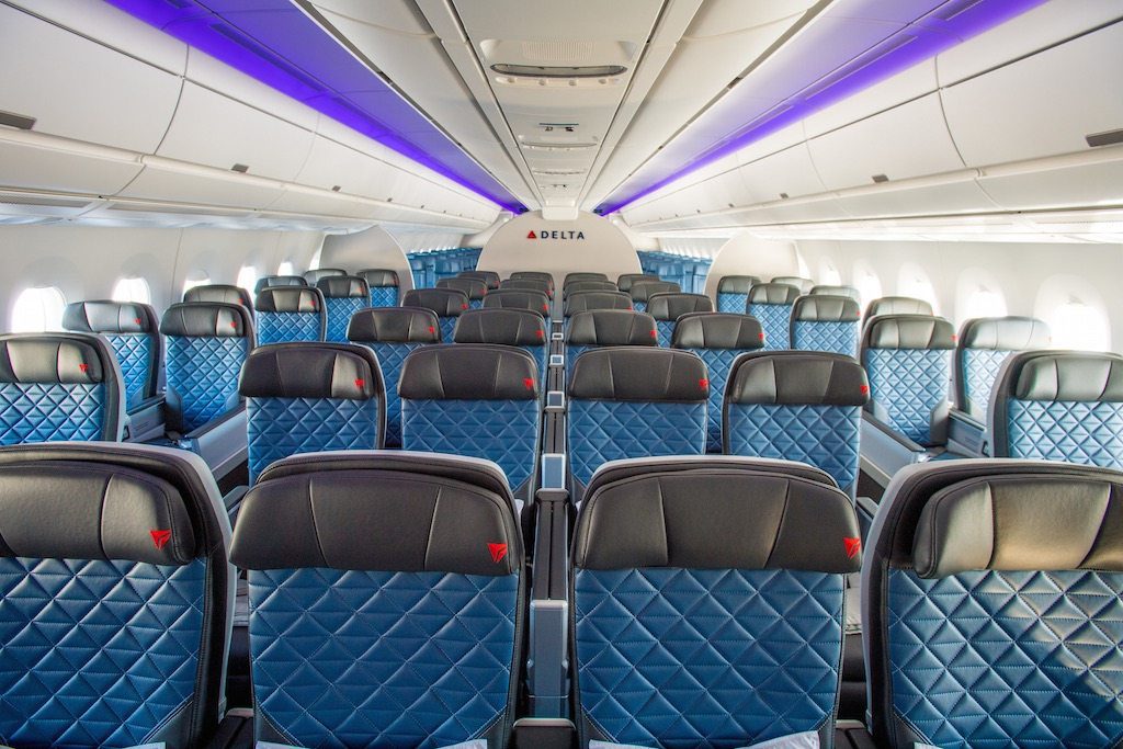 Shown is the interior of the Delta Airbus A350 commercial jet. Delta has launched SkyMiles Select, a stand-alone subscription product that includes unlimited priority boarding among other perks.