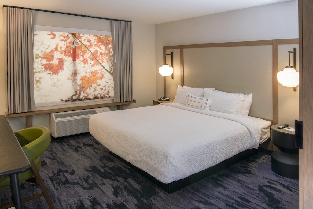 The new guest room design for Marriott's Fairfield Inn & Suites was inspired by the brand's ties to the Marriott family farm. 