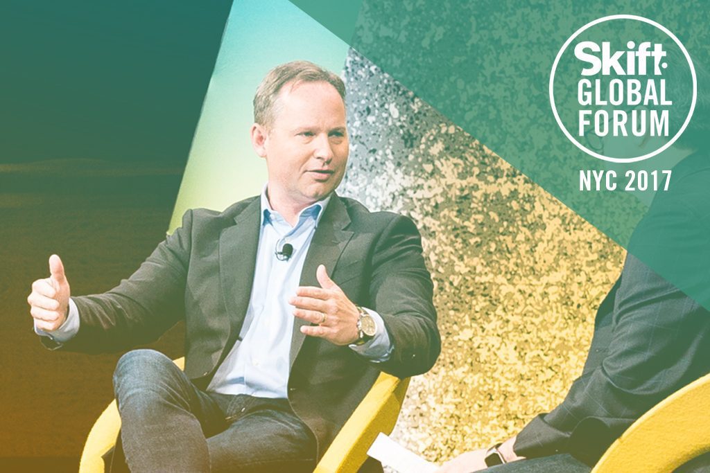 Expedia Inc. CEO Mark Okerstrom made his first public appearance at a conference as CEO at the Skift Global Forum in New York City September 27, 2017.
