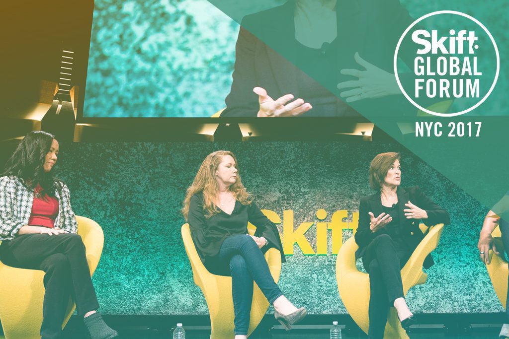 From left, Kathy Tan Mayor, CMO Carnival Cruise Line; Lisa Ronson, CMO Tourism Australia; Julie Cary, EVP and CMO of La Quinta Inns & Suites; and Skift founder and CEO Rafat Ali speaking during Skift Global Forum in September 2017.