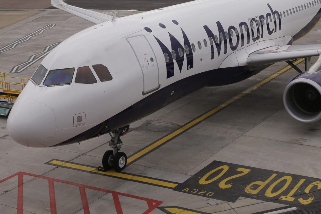 A Monarch plane at Luton Airport in Luton, UK. The company has filed for bankruptcy.