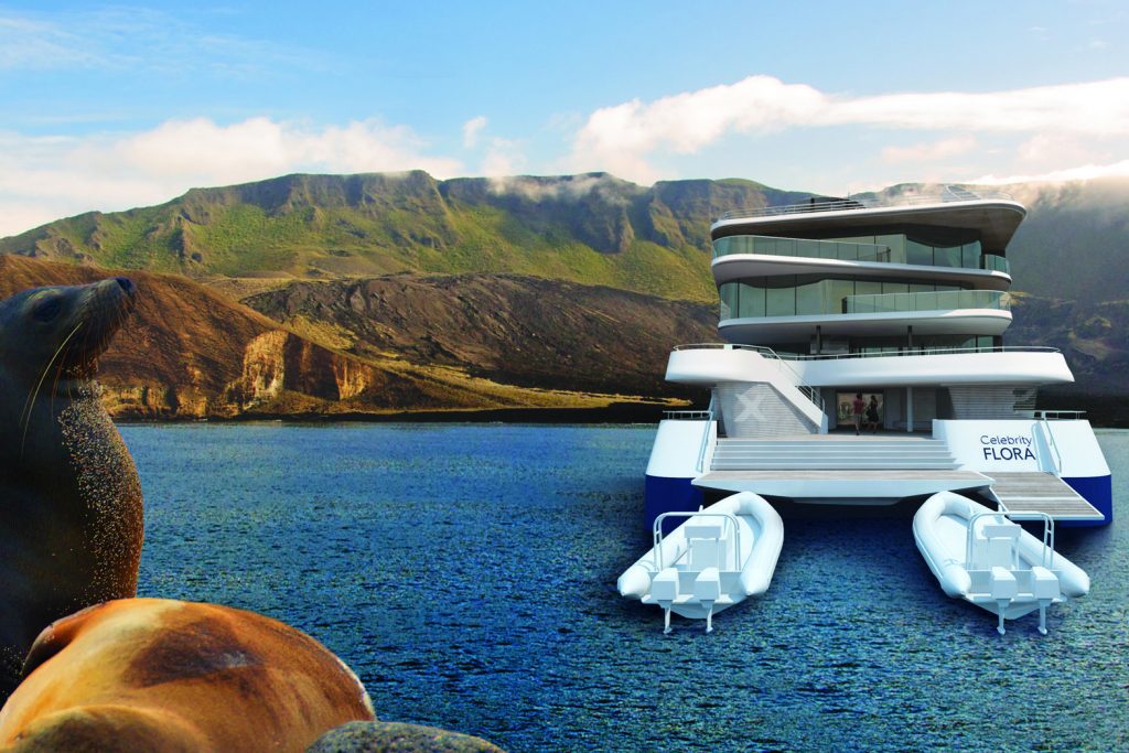 A rendering of Celebrity Flora, which debuts in June and will sail the Galápagos Islands.