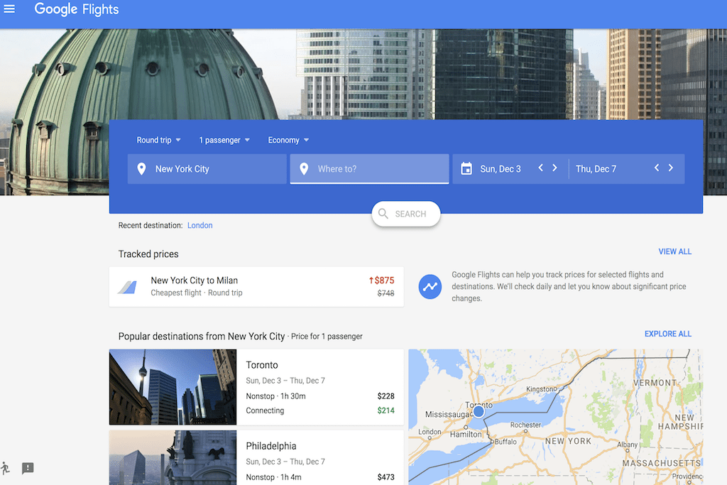 The new Google Flights landing page. Google Flights has redesigned again to remove some of the clutter from the first-page search results.