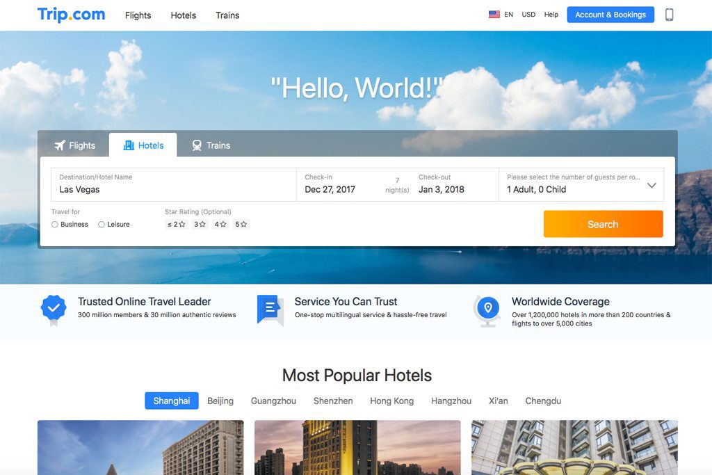 Ctrip has opened a new front in its expansion effort by putting its online travel agency content on Trip.com, a newly acquired domain.