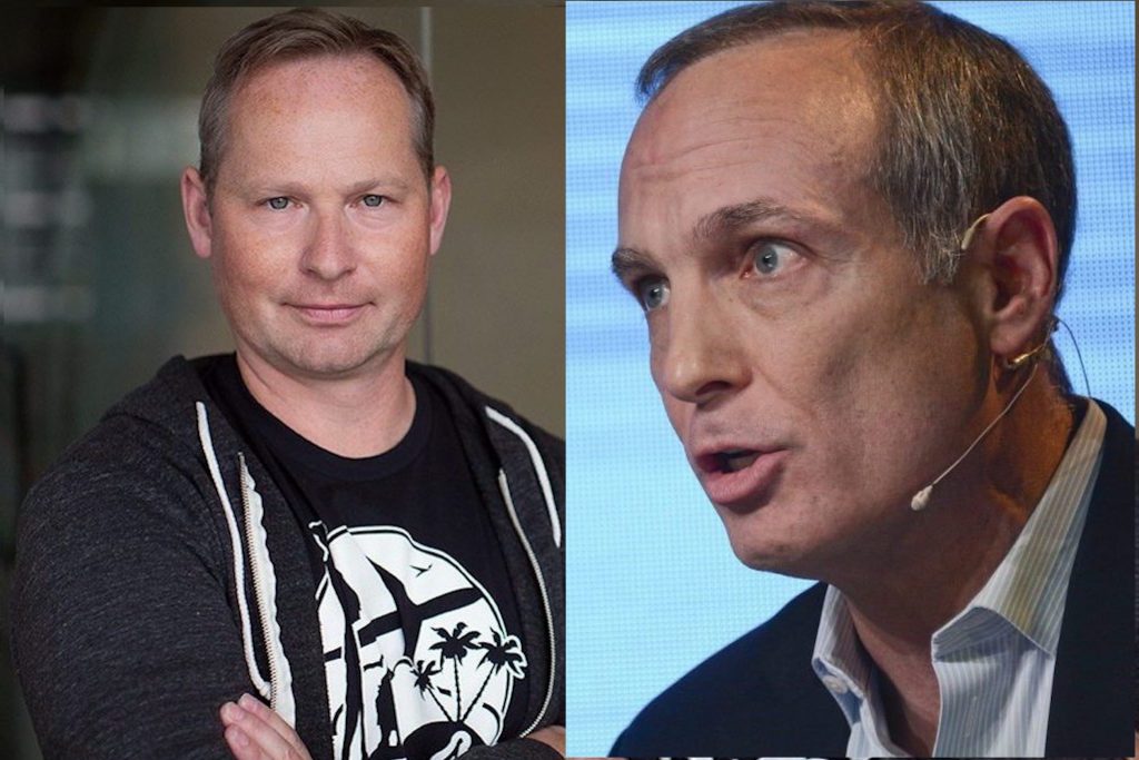 Booking Holdings are battling one another — and hotels — in the battle for U.S. market share. Pictured are Expedia Group CEO Mark Okerstrom  (left) and Booking Holdings CEO Glenn Fogel.