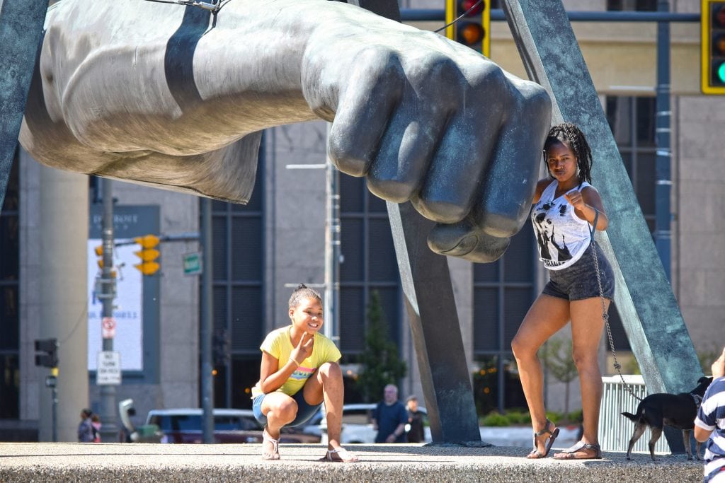 The famous Joe Louis fist sculpture in Detroit's Hart Plaza, June 2015. Black travelers are redefining what it means to visit Detroit. 